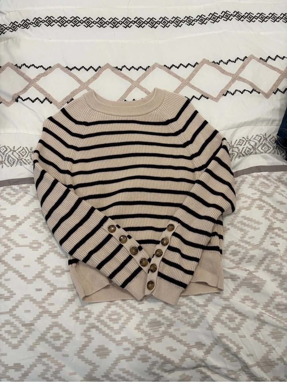 Sezane Beige and Black Striped Crewneck Sweater - Picture 2 of 5